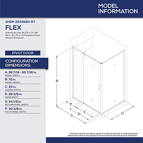 Dreamline Flex 36 In. D X 60 In. W X 74 3/4 In. H Semi-Frameless Pivot Shower Enclosure In Chrome With Right Drain White Base Kit, Dl-6720R-01Cl #TOP3