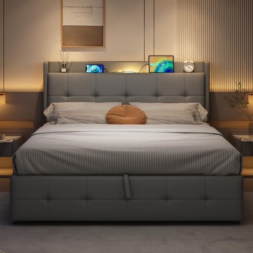 BTM Upholstered Double Bed with Concealed Headboard, 4FT6-135x190cm (No Mattress), USB & Type-C Charging Station, LED Light, PU Leather Frame