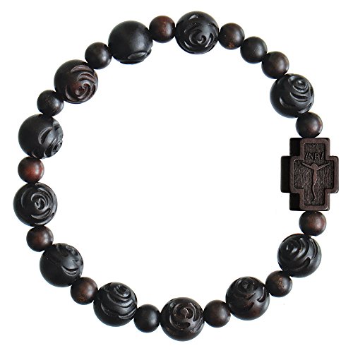 Sine Cera Dark Jujube Wood 1 Decade Catholic Rosary Bracelet, Rose Cut 10mm Beads