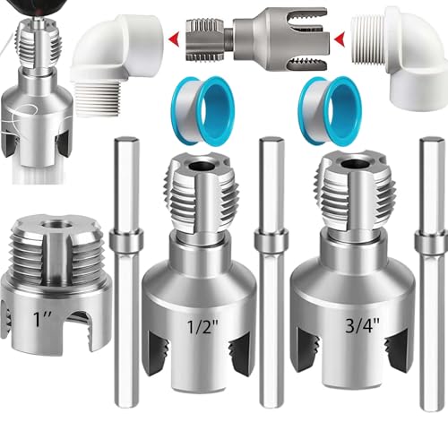 Ptop 3PCS Integrated Pvc Pipe Threader Tool - 1/2 & 3/4 & 1 Dual-Function Internal External Pipe Threading Tool for Water Pipe Duty Pipe Thread Cutting Tool Set-Electric Drill Compatible Heavy