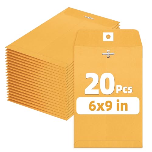 SUNEE Envelops, 6x9 Brown Kraft Envelopes with Clasp Closure, 28-lb Paper Mailing Envelopes, 20 Count, Great for Filing, Storing or Mailing Documents