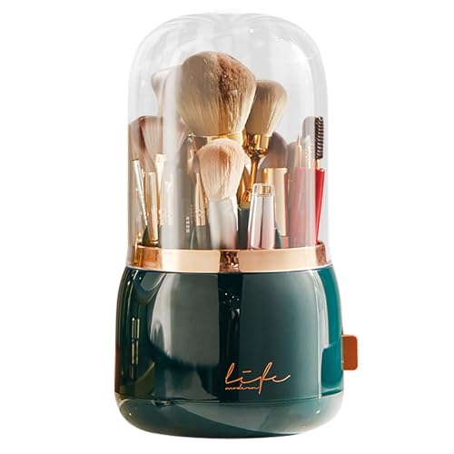 Accmuzzy Support de pinceaux de maquillage avec couvercle, organiseur rotatif pour pinceaux de maquillage, 7 compartiments, étanche et résistant à la poussière, organisateur de maquillage pour salle