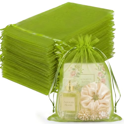 Image of FUNFERY 100PCS Green Organza Gift Bags 5x7in,Drawstring Pouch for Jewelry