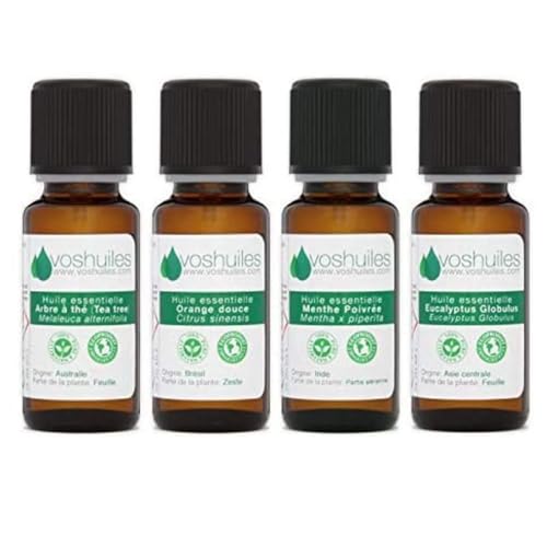 Pack de 4 Huiles Essentielles Bio - Les Indispensables pour l'Aromathérapie - Arbre à Thé, Eucalyptus Globulus, Menthe Poivrée, Orange Douce - Certifiés Ecocert - HEBBD - 4x10 ml - VOSHUILES