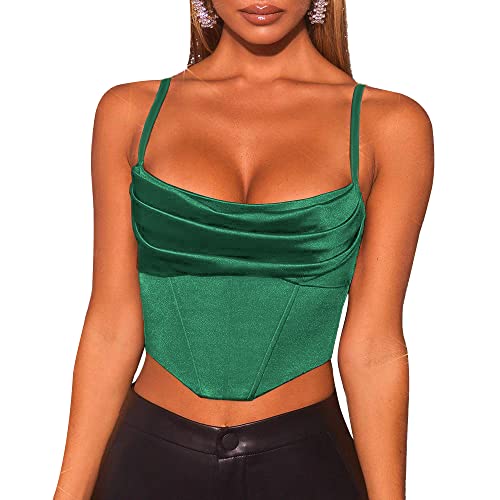 Kolagri Women Satin Backless Cami Corset Crop Tops Cowl Neck Cute Summer Casual Boned Vests Tank Top Cocktail Bustiers Green S #TOP9