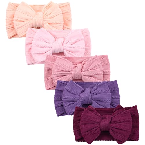 Cinaci 5 Pieces Soft Stretchy Baby Girl Wide Headbands with Bow Headwraps Hair Bows Bands Accessories for Baby Boys Girls Newborns Infants Toddlers