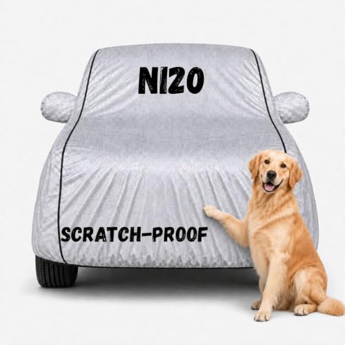 Image of Waterproof Car Cover for N i20 | Soft Cotton Lining Heavy Duty Triple Stitched Heat Resistant Outdoor Cover Comes with Mirror and Antenna Pocket Full Bottom Elastic (Zig Zag Silver)