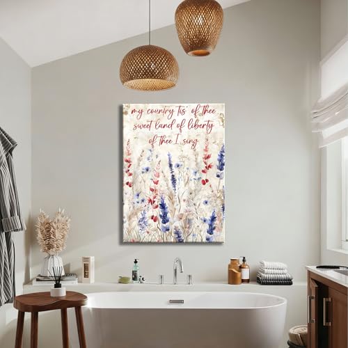 Image of Made in USA Patriotic Framed Canvas Wall Art, My Country Tis of Thee Quote Canvas Print, Red White Blue Floral Wall Decor for 4th of July, Independence Day Home Decoration,24x36in