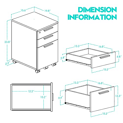 3 Drawer Mobile File Cabinet With Lock Under Desk Wood Pedestal Filing Storage Fully Assembled Except Casters For Home Office, Walnut #TOP5
