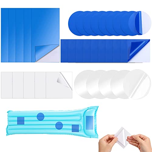 Suitedget 35pcs Parches Piscina, Parches Colchon Hinchable Autoadhesivos Azules, Parche Piscina Impermeables de PVC Transparente para Reparar Liner Piscina, Anillos de Natación, Carpas