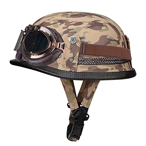 Motocicleta Scooter Medio Casco con Gafas Perfil Bajo Cuero Jet Half Shell Casco Skull Cap ECE Certificado Hombres Mujeres Cascos Cara Abierta,para Cruiser Scooter 2,L:59-60CM Cover
