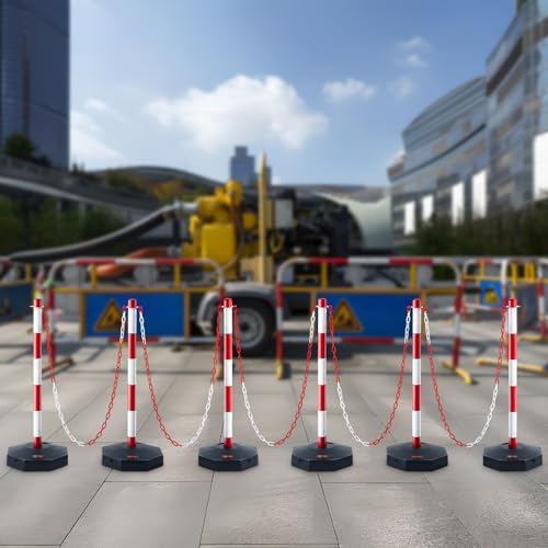 VEVOR Verkehrshütchen Verkehr Absperrpfosten 6 Stk. 285 x 285 mm Warnkegel Verkehrsleitkegel Warnleitkegel mit Ketten, Leitpfostenkegel Straßensperrpfosten Rot & Weiß Wasser- und Sandeinspritzung