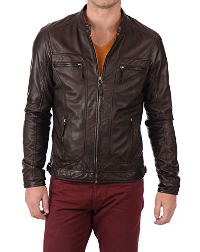 Image of 100% Leather Jacket for Men - Round Collar Slim Fit - Moto, Bomber, Biker Winter Casual Wear