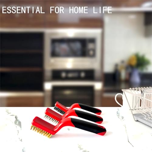Image of Wire Brush Set 3pcs - Nylon /Brass /Stainless Steel Bristles with Curved Handle Grip for Rust Removal, Dirt, Paint Scrubbing, Crevice Cleaning Brush for Bathroom Gap, Kitchen, Bathroom, Window, Faucets