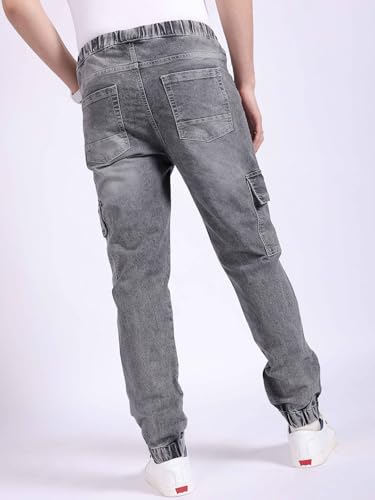 Image of The Indian Garage Co Men Regular Fit Solid Mid-Rise Stretchable Denim Cargo Joggers