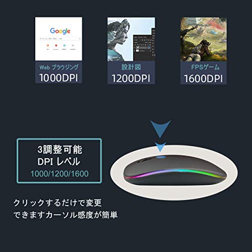 Bluetoothマウス、bluebyteマルチデバイスマウス、2.4GHz&Bluetooth（BT5.2 + 2.4G）、充電式RGBクロマバックライト付きLedマウスワイヤレスマウス、七色ライト、静音、小型、調整可能なDPI、ミュートクリック、ノートブック、ラップトップMacBook Windows PCタブレット（グレー）