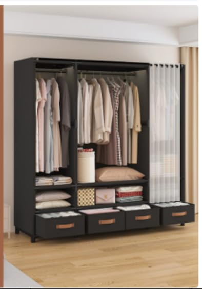 ワードローブ カバー付きハンガーラック 引き出し付き 簡易クローゼット ポータブル収納棚 防湿・防塵・防カビ 大容量 高耐荷重 組立式 日本語説明書付き 洋服収納 ワードローブ (3列 幅 140× 奥行 45× 高 165.5cm 黒) [並行輸入品]