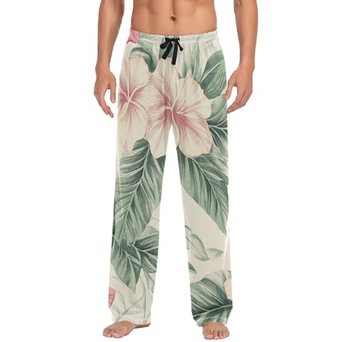 ALAZA Retro Pink Red Flowers Tropical Leaves Men’s Pajama Pants Soft Long Sleep Pants Lounge Pajama Bottoms with Pockets