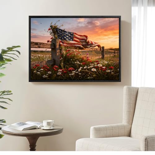 Image of American Flag Framed Canvas Wall Art, 4th of July Floral Canvas Prints, Wildflower Meadow Landscape Patriotic Decorations, Vintage Rustic Independence Day Wall Decor for Bedroom Living Room 20x24