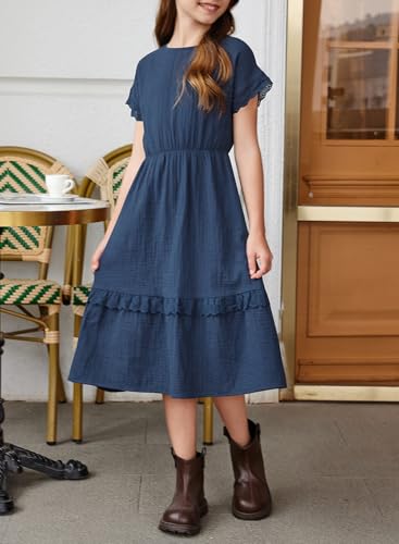 blibean Girls Cotton Short Sleeve Dresses Lace Semi Formal Dress Size 6-15 Years3