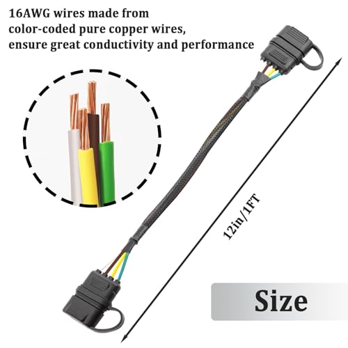 Image of 4 Pin Trailer Wiring Harness,4 Way Flat Trailer Plug Male and Female Connector with Rubber Dust Cover with Nylon Mesh Tube Protection 12 inch /1 FT 16 Guage