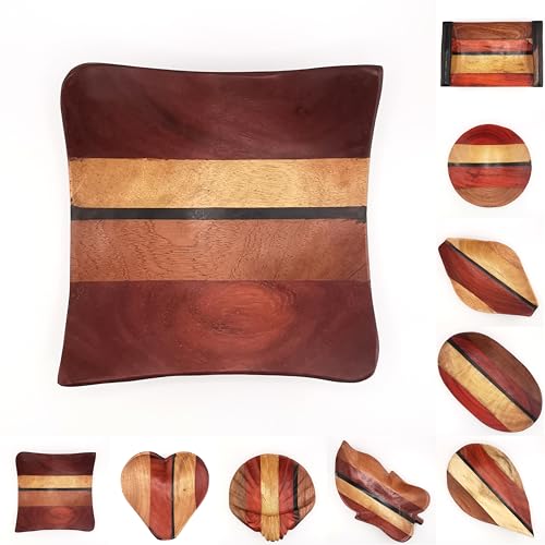 Plato cuadrado decorativo de madera exótica tallada a mano, 16,5 cm x 16,5 cm, Artesanía Bamoun de Camerún