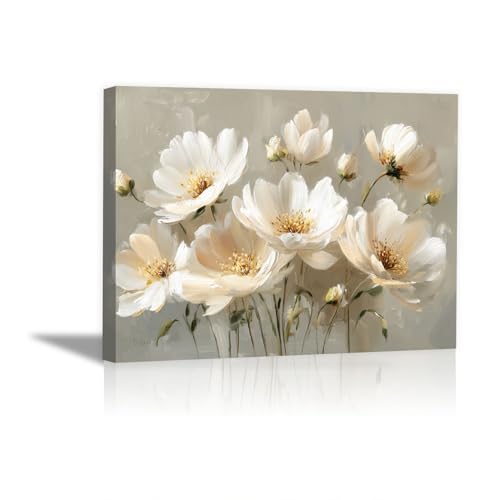 Impression sur toile fleurs pivoine blanche encadrée 60x80cm résistante pour salle de bain