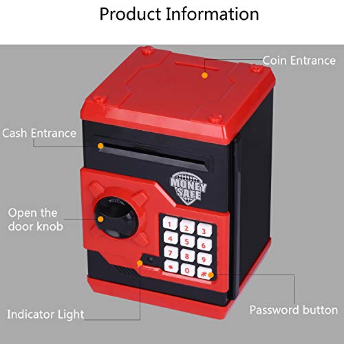 Kingsida Electronic Password Piggy Bank Kids Safe Bank Mini ATM Electronic Money Save Box Cash Coin Can (Black and Red) - Thumbnail 3