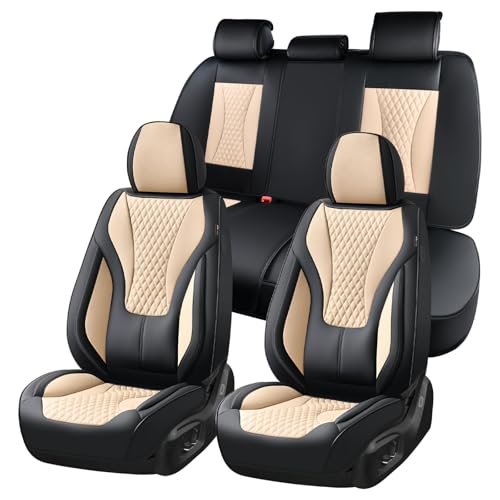 Image of Coverado Waterproof Nappa Leather Car Seat Covers, Automotive Fullset Seat Covers, 5 Seat Car Seat Cushion & Seat Protector, Black&Beige Front and Rear Covers Universal Fit for Most Cars, SUVs, Trucks