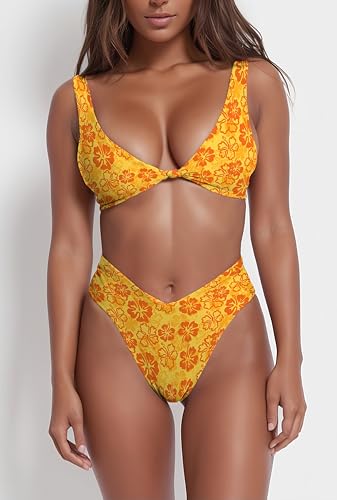 Image of geluboao Bikini Set for Women Solid V Neck Knot Front Push Up High Leg Thong Two Piece Swimsuit