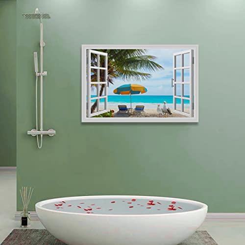 Window Beach Pictures Wall Art Palm Tree Seagull Bird Fake Window View Ocean Landscape Canvas Print With Framed For Home Decor 36X24 #TOP5