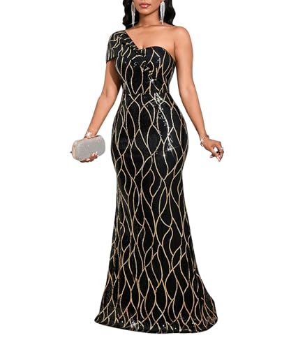 Image of Cololura Women Sexy Sequin One Shoulder Mermaid Formal Party Cocktail Gowns Bodycon Evening Maxi Dress