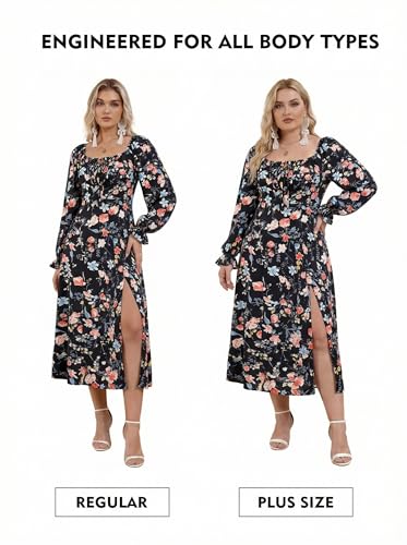 Image of BLENCOT Womens Casual Square Neck Long Sleeve Boho Floral Midi Dress Print Side Split Dresses