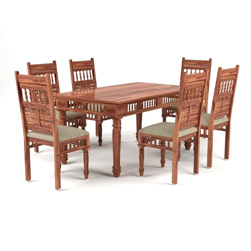 Image of Solid Sheesham Wood Traditional Dining Table 6 Seater Wooden Six Seater Dinning Table with 6 Chairs for Home Chairs with Cushion Dining Room Sets for Restaurants (Natural Finish)