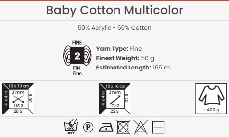 Yarnart Baby Cotton Multicolor Yarn, Amigurumi Cotton Yarn, Cotton Yarn Crocheting, Knitting Yarn, Summer Clothes Yarn, Accessories Yarn, Turkish Yarn, 50% Cotton – 50% Acrilic (1 Skein, 5214) #TOP4