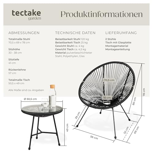 tectake® Set 2X Stuhl 1x Beistelltisch Acapulco, Gartenstuhl, Gartenstühle im Retro Design, Indoor und Outdoor Sessel für Garten, Wintergarten, als Terrassenstühle oder Balkon Sessel - schwarz 6