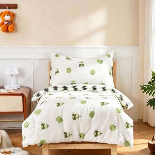 Image of CLOTHKNOW 4Pieces Green White Apple Toddler Bedding Sets for Boys Girls
