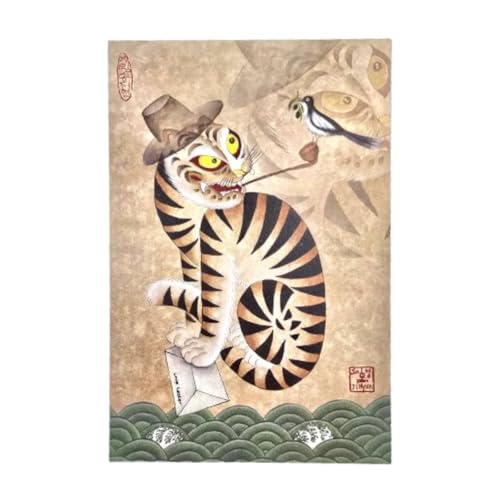 Korean Minhwa Tiger and Magpie Postcard Set of 2 – Traditional Folk Art Illustration by Song Ji-hyun, Made in Korea Cultural Souvenir Cards (Frame Not Included, 4x5.9 inch)