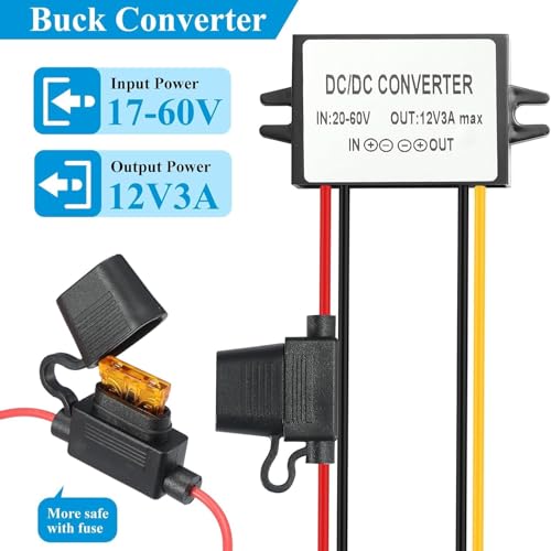 YABOANG DC-DC Konverter, Step-Down Converter 20-60V to 12V3A 2S, DC-Spannungswandler 24/36/48V zu 12V 3A 36W MAX, DC-DC-Wandler Buck 20-60V auf 12V mit wasserdichter Sicherung, Abwärtsspannungsregler