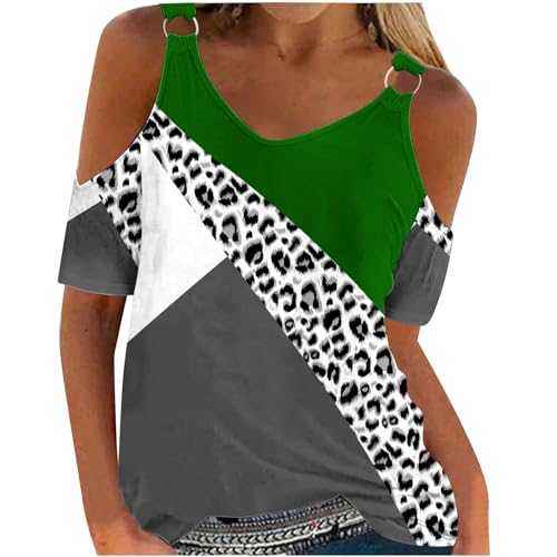 Túnica de verano para mujer, hombros descubiertos, manga corta, cuello redondo, estampado de hojas, talla grande, holgadas, con correa de hombro, para ocultar el vientre, camisetas holgadas,