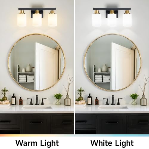 Image of 3-Light Vanity Lights Black and Gold Bathroom Light Fixtures 17in | White Frosted Ribbed Glass Shade Modern Black Vanity Lights Bathroom Lighting Fixtures over Mirror Wall Sconces E26 Base