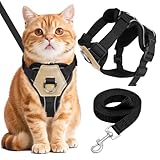 Arnés de pecho para gatos, con correa para gatos, irrompible, con rayas reflectantes, correa suave para gatos con arnés para gatos, para paseos, viajes (negro, M)