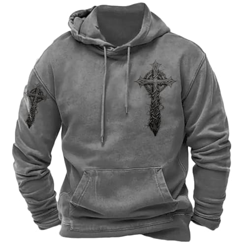 HOTYD Mens Christian Sweatshirts Hoodies Drawstring Pullover Vintage Jesus Cross Print Hooded Sweatshirts Fall Faith Graphic Sweatshirt Casual Long Sleeve Fashion Sweatshirts Grey a XL