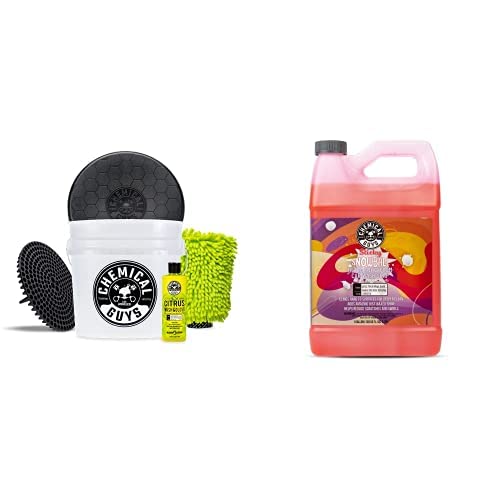 Chemical Guys CWS215BK Car Wash Detailing Bucket, Mitt & Accessories Bundle (6 Items) Featuring Sticky Snowball Ultra Snow Foam Car Wash Soap, 128 oz (1 Gal) - Works on Cars, Trucks, SUVs, RVs & More