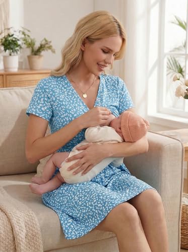 Image of OUGES Maternity Nursing Dress Breastfeeding Short Sleeve V Neck Casual Pregnancy Clothes with Pockets