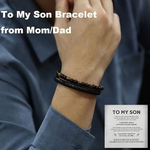 The Guardian - Son's Tiger Eye Protection Bracelet, To My Son Leather Black Beaded Bracelet Calming Anxiety Handmade Cuff Bracelets Birthday Weave Gift Jewelry3