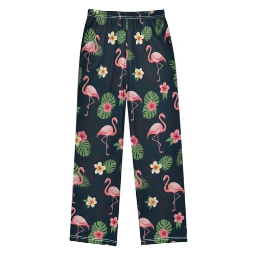CHIFIGNO Size 9-10 Boys Pants Tropical Leaves Flamingos Black Boys Home Pants, Big Boys Pants with Pockets2