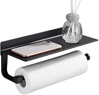 Hoomtaook Kitchen Roll Holder Wall Mounted with Shelf Nail Free, Space Aluminum Tissue Paper Roll Holder Paper Towel Holders No Damage Rustproof Kitchen Black
