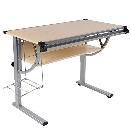 Kinder- und Jugendschreibtisch - neigbar, stufenlos höhenverstellbar, inklusive Taschenhalter, Stiftablage und Lineal - Kinderschreibtisch Schülerschreibtisch Schreibtisch Zeichentisch (Buche) - 3