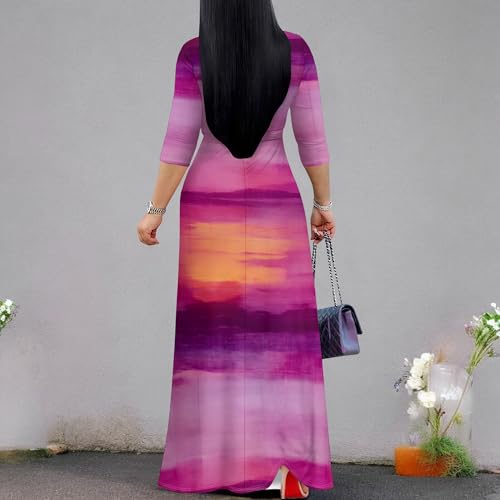 Image of Women's V Neck Floral Maxi Dress 3 /4 Sleeve Plus Size Boho Wrap Flowy Long Dresses with Belt